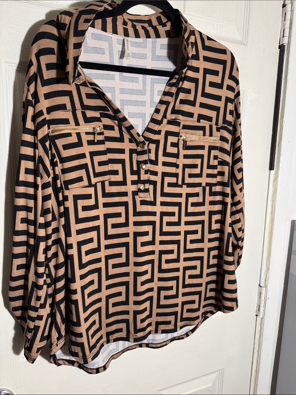 DNA couture Geo-Print Button-Pocket Blouse in Tan and Black